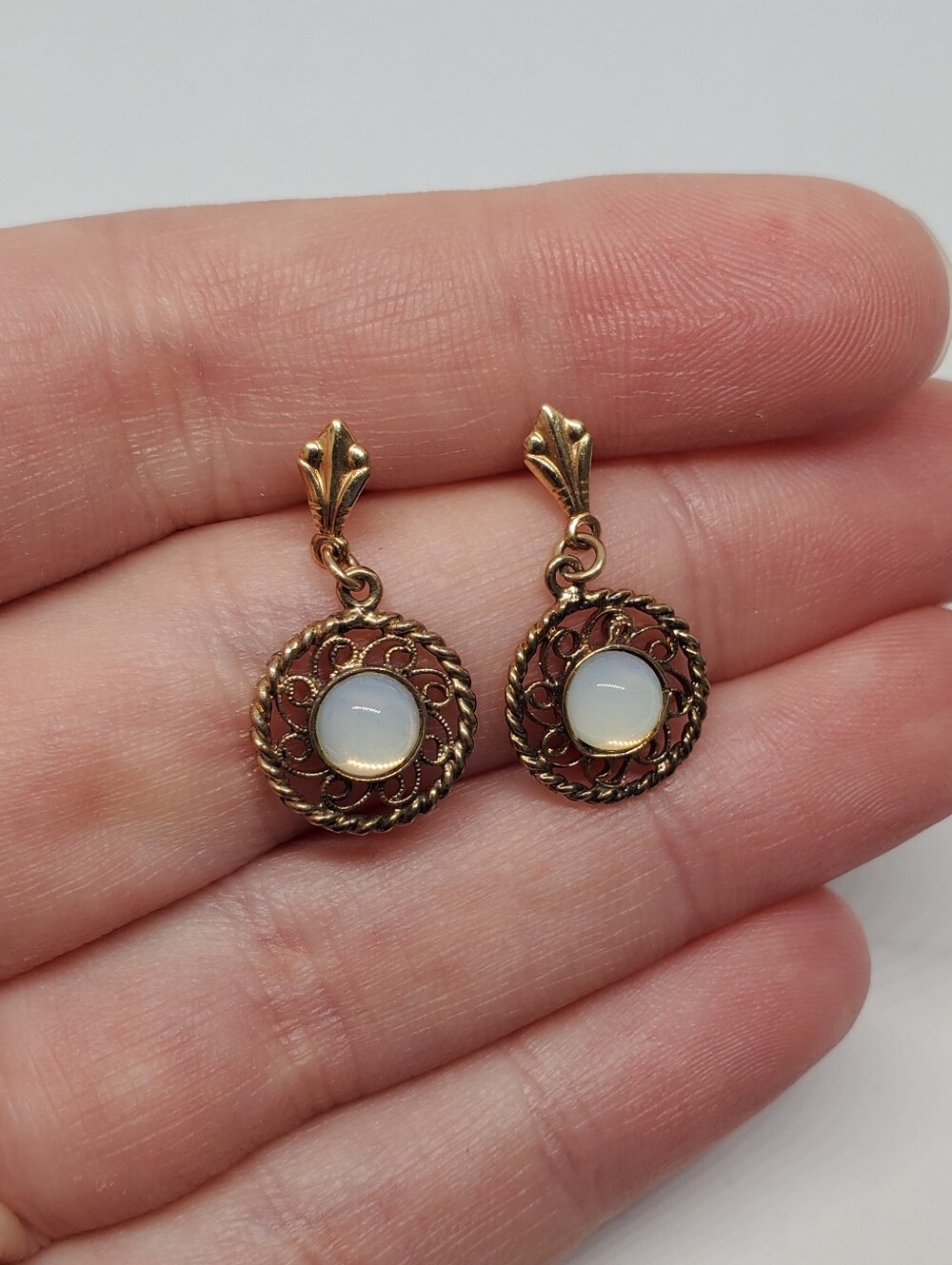 Vintage 12k Gold Filled Filigree Opalite Dangle Earrings